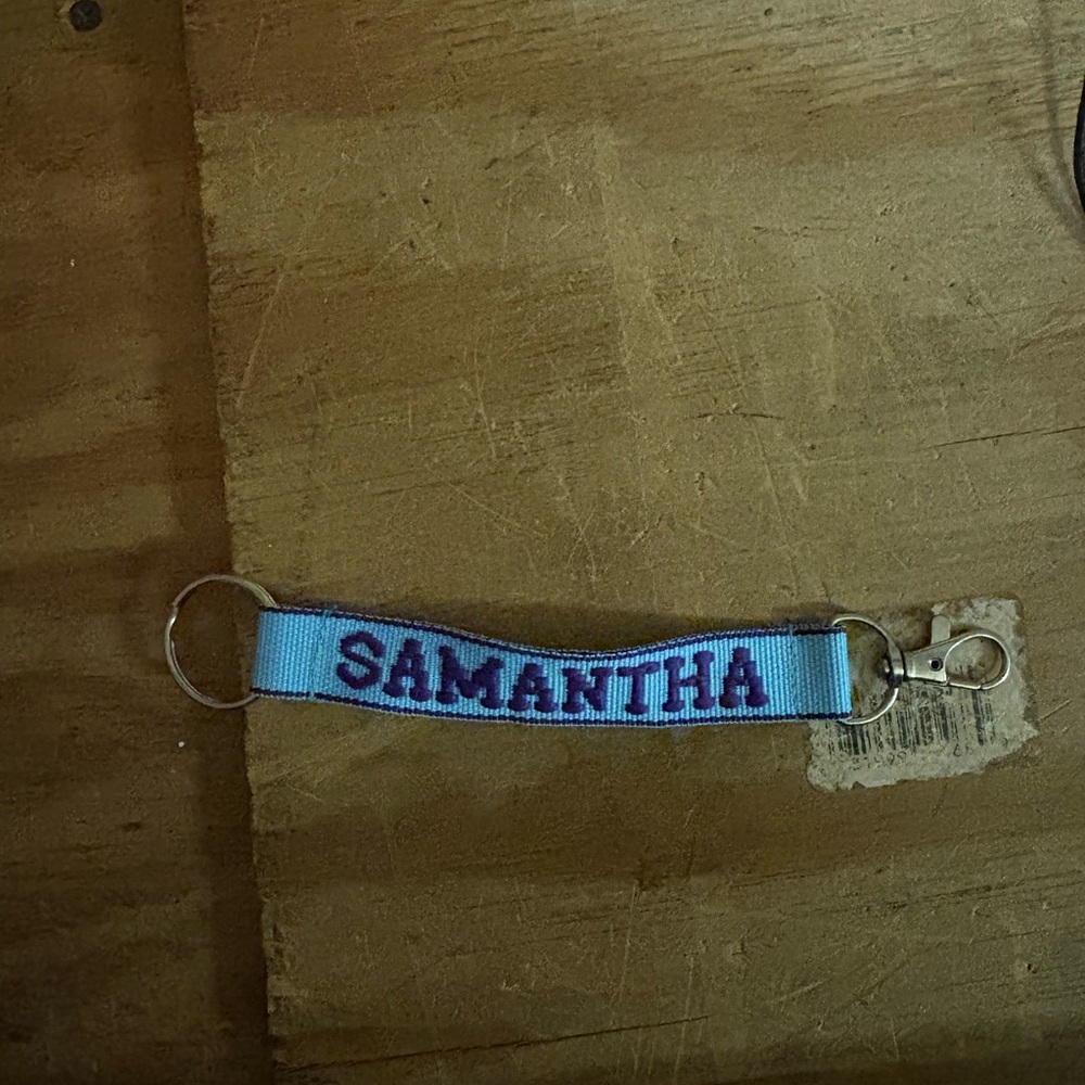Personalized 'Samantha' Key Ring  - Light Blue with Purple Embroidery